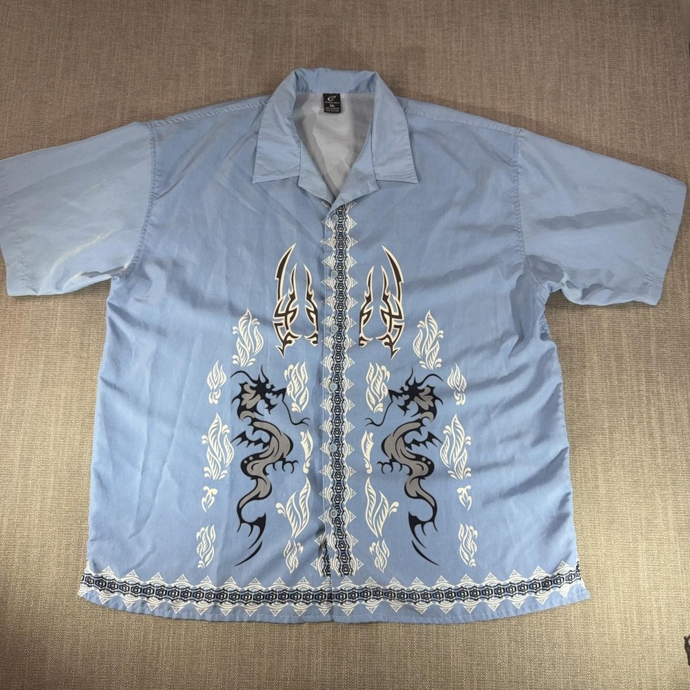 Claudio Nucci Shirt Mens 2XL Blue Dragon Tribal Graphic Short Sleeve Button Up